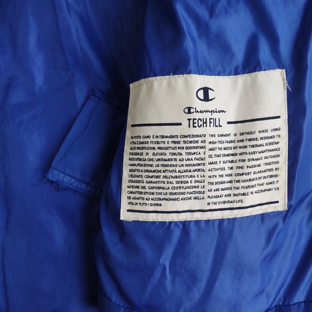 Champion Blue Script Crop Puffer Jacket Sporty Outdoor Streetwear Women's Large - Picture 10 of 11
